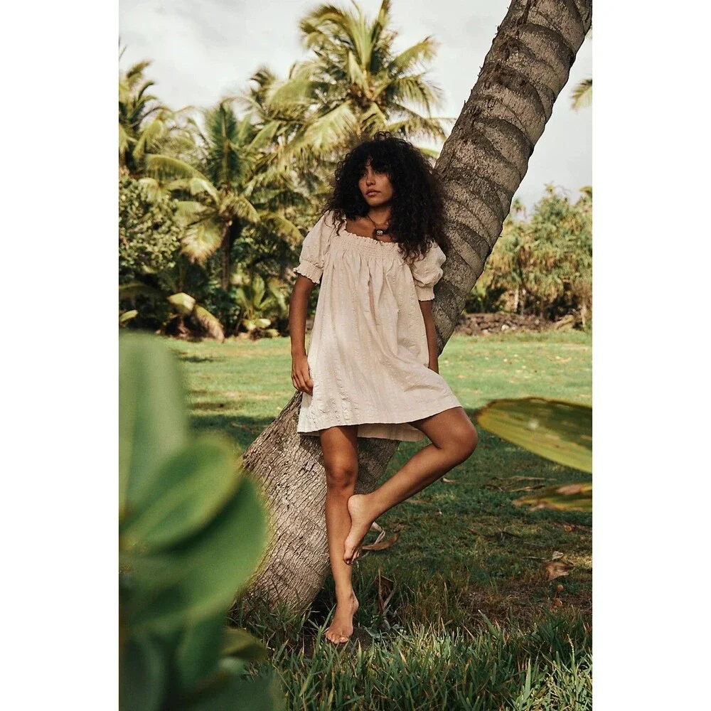Free People Free Est Mila Mini Dress Smocked Puff Sleeves Striped XS 287944